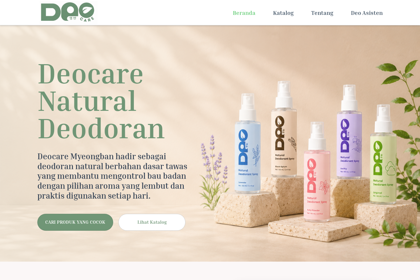 Deocare live landing page with natural deodorant products