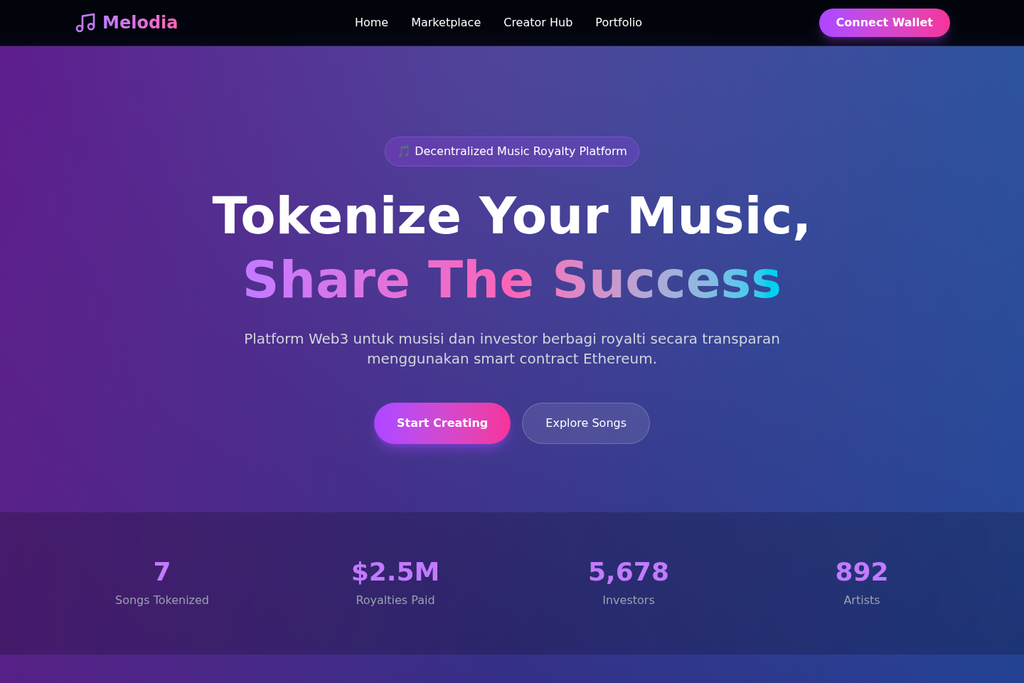 Melodia live Web3 music royalty landing page