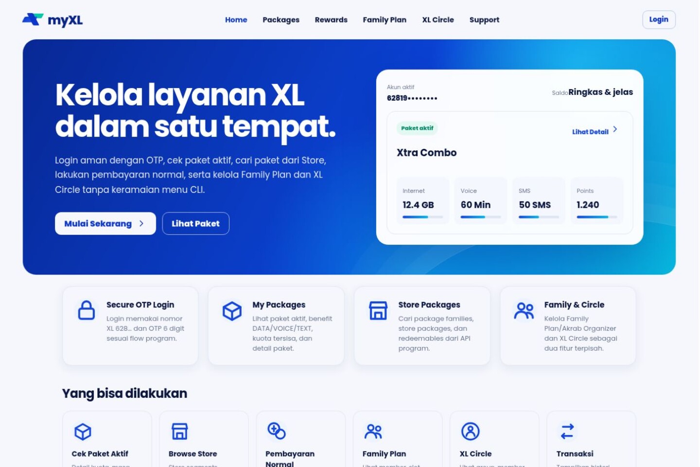 myengsel landing page showing its navigation, service overview, package summary, and feature cards